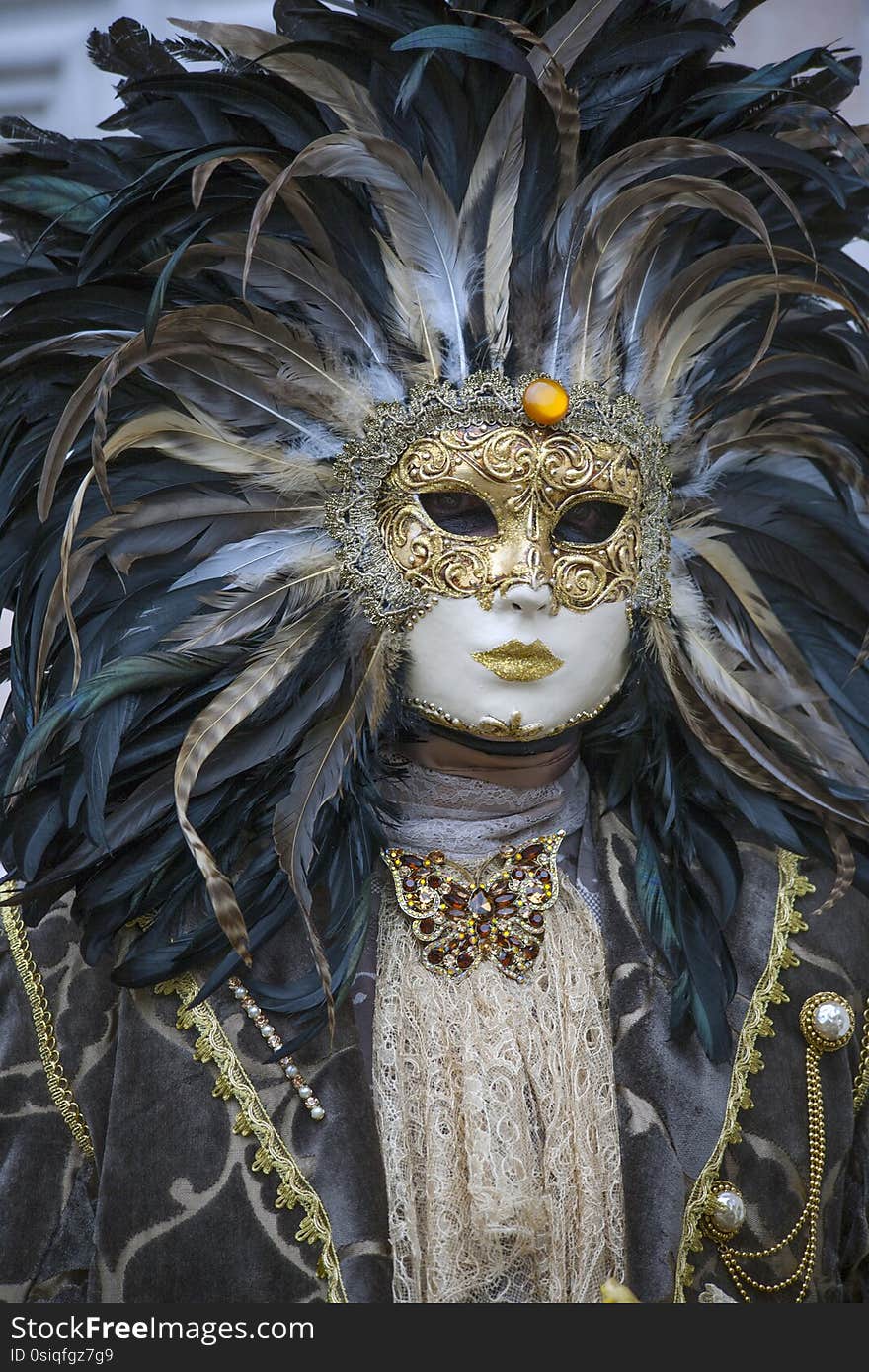 Venice Carnival masks and venetian costumes with brown and black feathers in February, Venice Italy. Venice Carnival masks and venetian costumes with brown and black feathers in February, Venice Italy