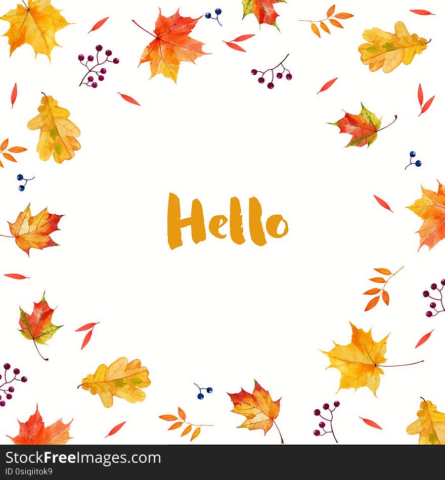 Autumnal Watercolor Leaves Abstract Background. Hello Autumn Illustration