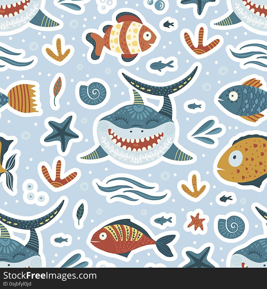 Seamless Ocean Seamless Pattern. Cute Cartoon Vector Shark Illustration. Happy summer Kid Design. Marine Life. Seamless Ocean Seamless Pattern. Cute Cartoon Vector Shark Illustration. Happy summer Kid Design. Marine Life.