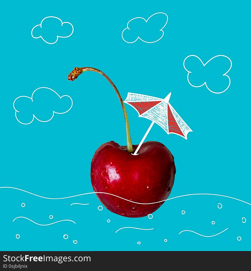 Tropical beach concept made of cherry with doodle clouds and sun umbrella on bright blue background. Fruit summer minimal creative concept.