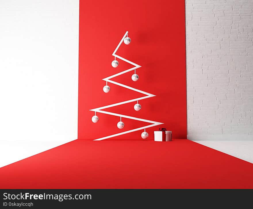 Modern new year`s tree with the gift, 3d rendeing