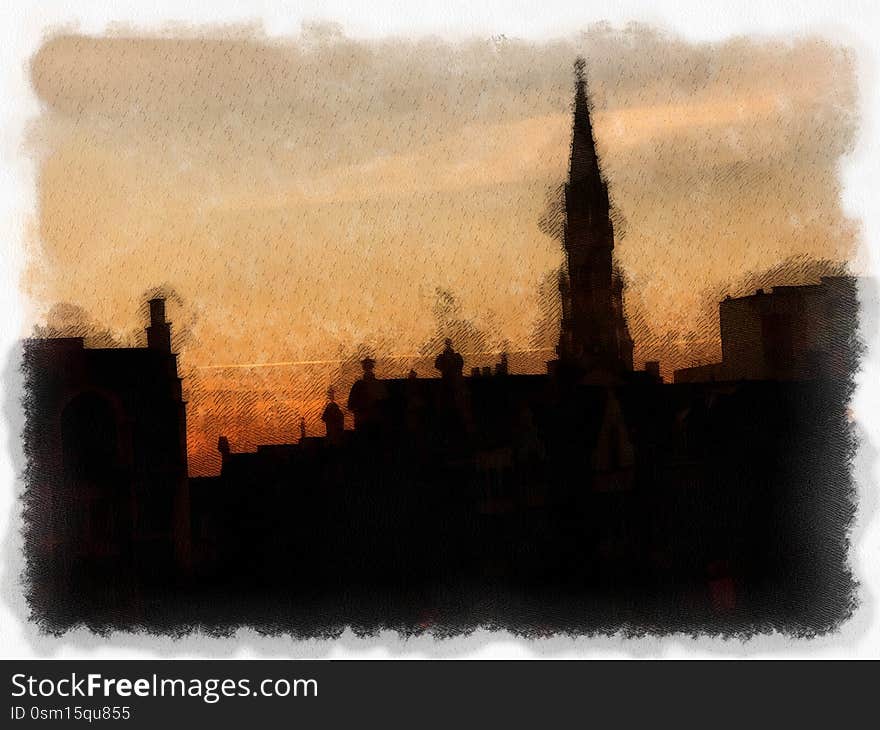 Texture background.Sunset over the European city.