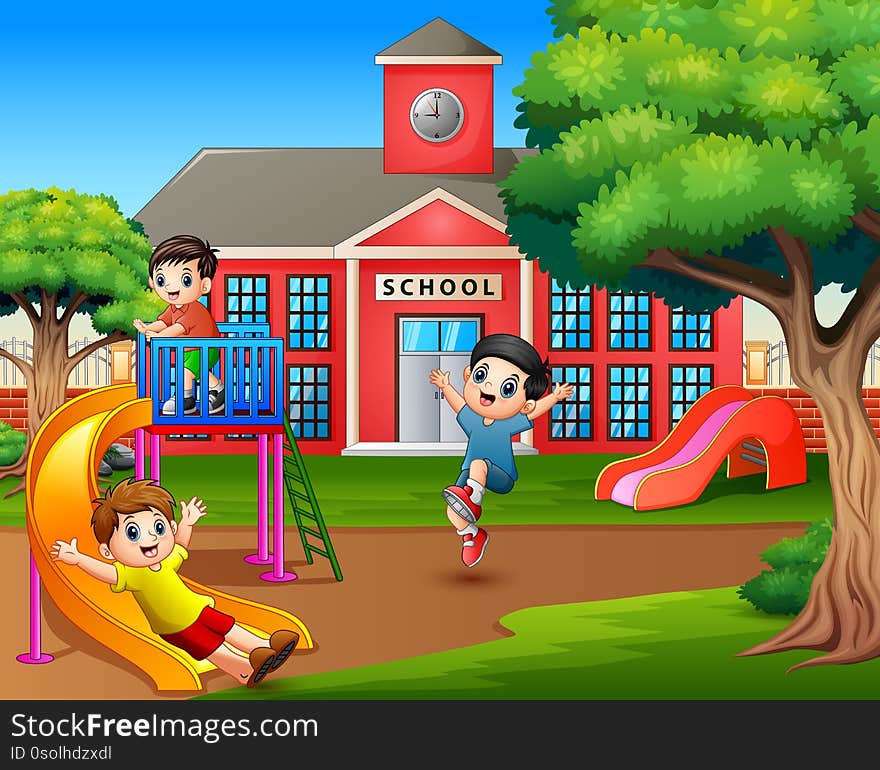 Happy boys playing on the school playground illustration