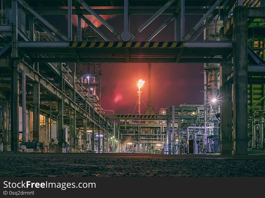 Pipeline and pipe rack of petroleum industrial plant at night. Pipeline and pipe rack of petroleum industrial plant at night