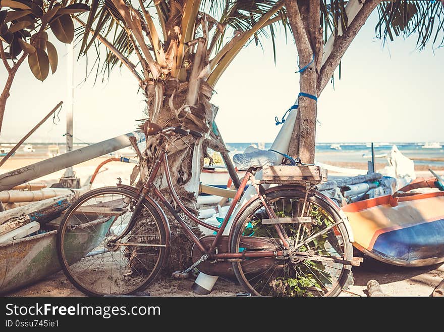 Vintage Retro Bicycle on the beach. Bali island.