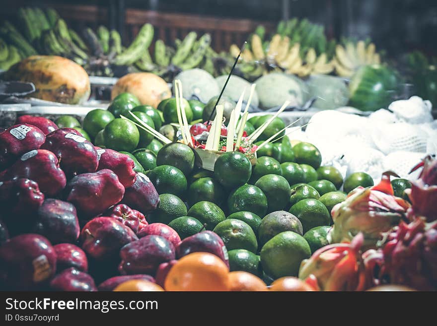 Fresh organic mandarins on the night market. Bali island. Indonesia.