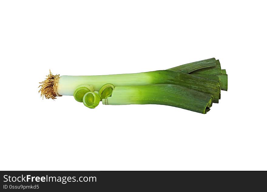 Whole and sliced leek isolated on a white background