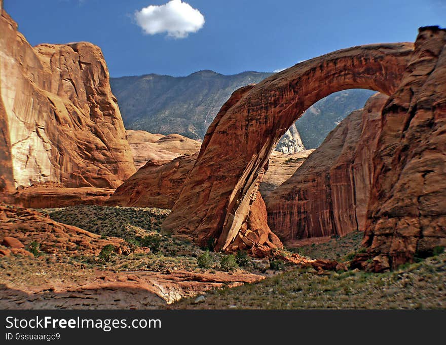 Rainbow Bridge National Monument is administered by Glen Canyon National Recreation Area, southern Utah, United States. Rainbow Bridge is often described as the world&#x27;s highest natural bridge. The span of Rainbow Bridge was reported in 1974 by the Bureau of Reclamation to be 275 feet &#x28;84 m&#x29;, but a laser measurement in 2007 has resulted in a span of 234 feet &#x28;71 m&#x29;.[citation needed] At the top it is 42 feet &#x28;13 m&#x29; thick and 33 feet &#x28;10 m&#x29; wide. The bridge, which is of cultural importance to a number of area Native American tribes, has been designated a Traditional Cultural Property by the National Park Service. Rainbow Bridge National Monument is administered by Glen Canyon National Recreation Area, southern Utah, United States. Rainbow Bridge is often described as the world&#x27;s highest natural bridge. The span of Rainbow Bridge was reported in 1974 by the Bureau of Reclamation to be 275 feet &#x28;84 m&#x29;, but a laser measurement in 2007 has resulted in a span of 234 feet &#x28;71 m&#x29;.[citation needed] At the top it is 42 feet &#x28;13 m&#x29; thick and 33 feet &#x28;10 m&#x29; wide. The bridge, which is of cultural importance to a number of area Native American tribes, has been designated a Traditional Cultural Property by the National Park Service.