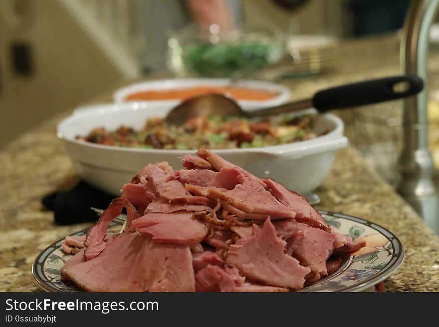 Holiday ham on buffet table