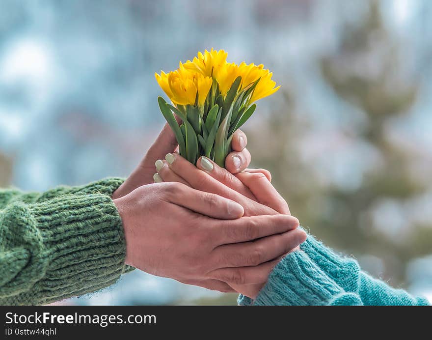 Young loving couple holding hands each other with bouquet of yellow flowers in summer park, view of hands