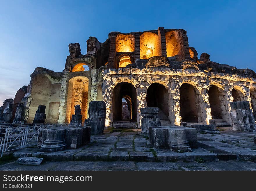 Night View of the Roman amphitheater located in the Ancient Capua, the second biggest roman amphitheater in Italy, Caserta