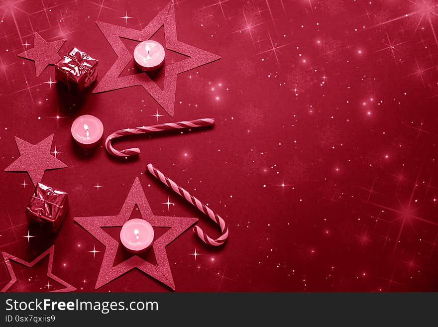 Red  background with christmas decoration. Red  background with christmas decoration