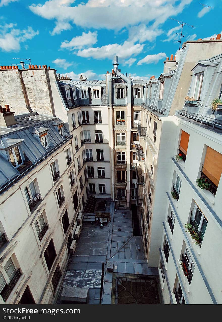 Above view of the parisian buildings and the it& x27;s center court, typical architecture of Paris, France