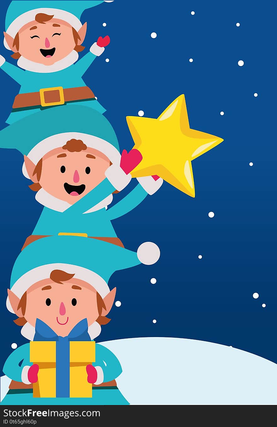 Stack of cartoon christmas elfs with star and gift box over winter night background, colorful design , vector illustration