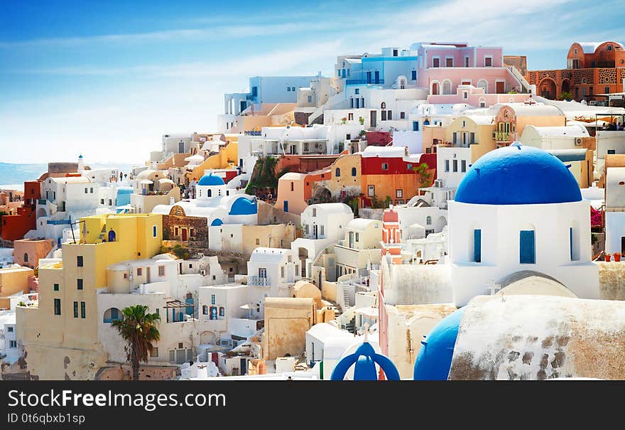 Cityscape of Oia, traditional greek village of Santorini, Greecer, web banner format