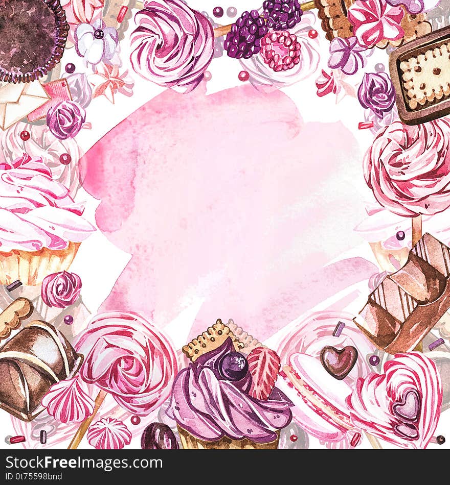 Watercolor sweets collection. Watercolor teamplate of a compositions of sweets, cakes and envelope. Valentine`s Day