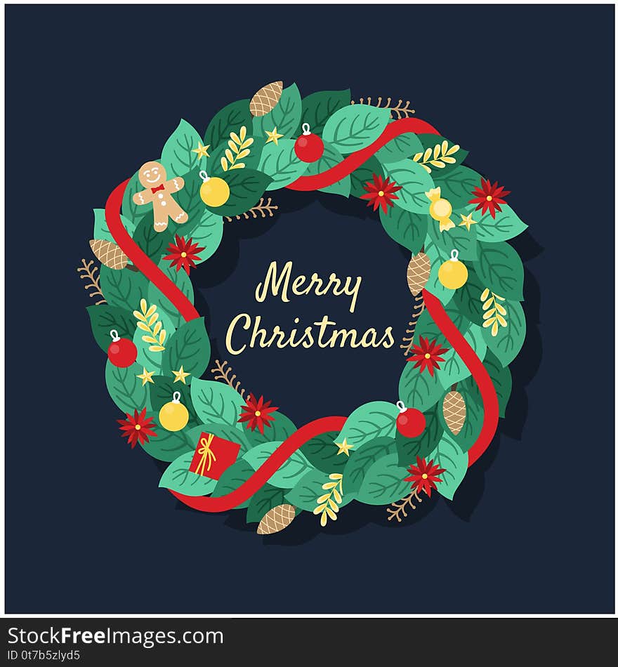 Happy Merry Christmas wreath with red ribbon and bow - Merry Christmas holly berry wreath. Happy Merry Christmas wreath with red ribbon and bow - Merry Christmas holly berry wreath