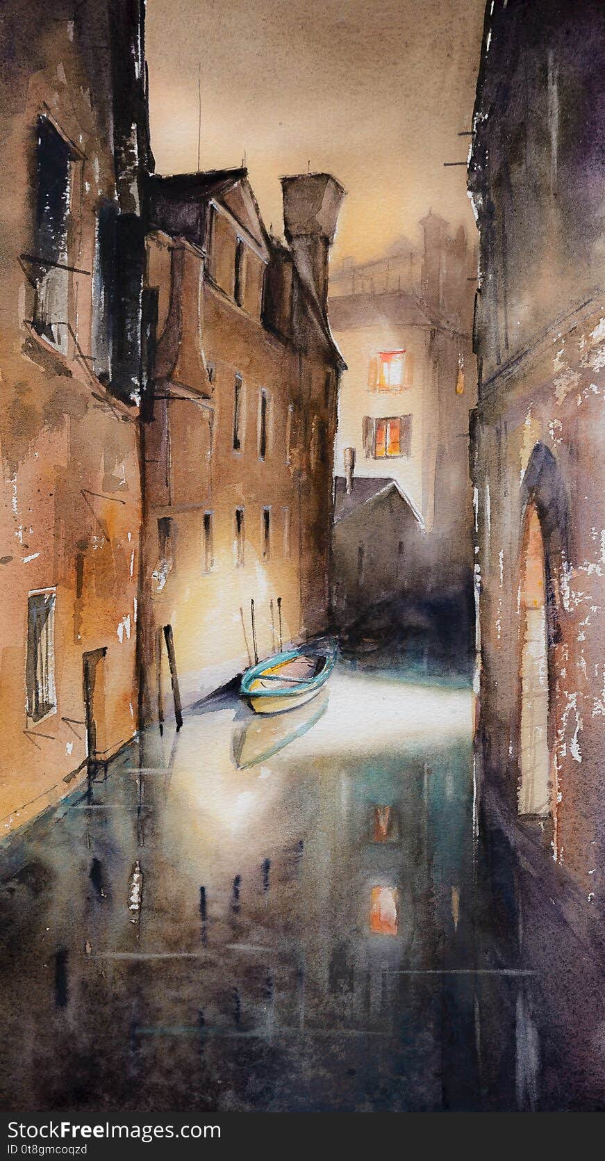 Venice at night, Italy. Beautiful narrow canal with bridge and vintage houses.Picture created with watercolors. Venice at night, Italy. Beautiful narrow canal with bridge and vintage houses.Picture created with watercolors.