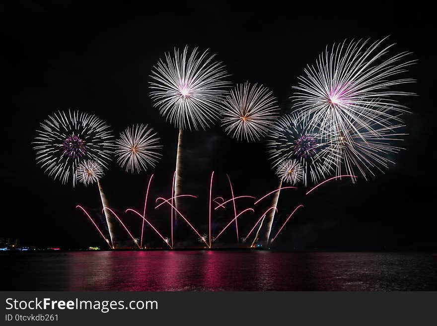 Colorful fireworks of various colors at night with celebration and anniversary concept.