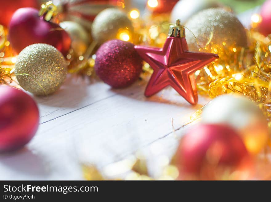 Beautiful christmas decoration on old white, wooden background