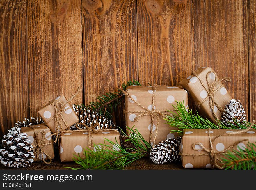 Christmas holidays composition on wooden background with space for text