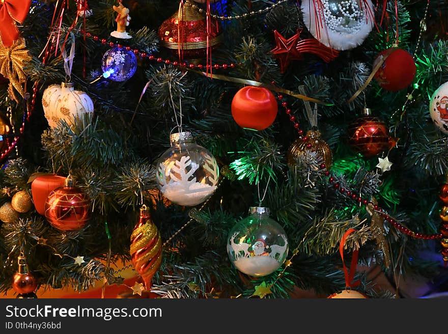 Very pretty colorful christmas decorations close up