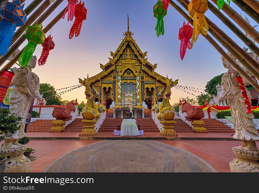 Krathum Baen District, Samut Sakhon, December 8, 2019.  Wat Tha Mai.  Magnificent Buddhist temple. The new main temple building is