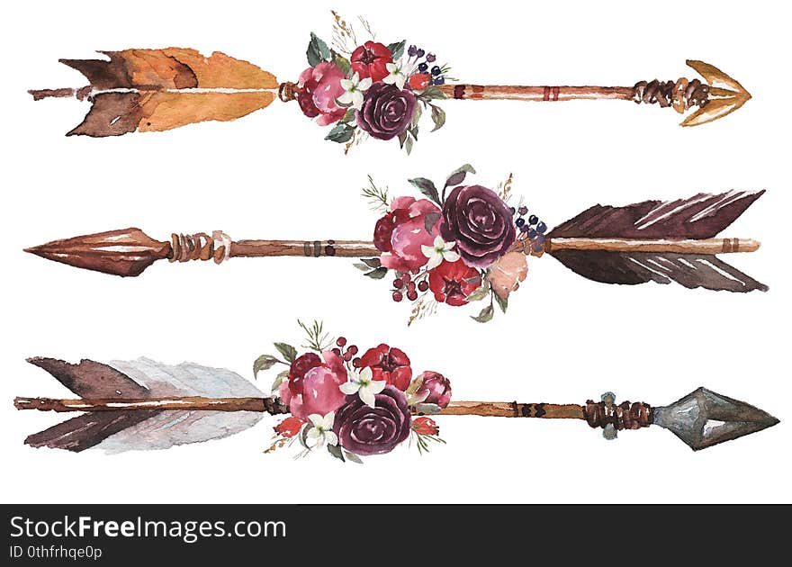 Watercolor Ethnic Boho Set Of Arrows, Feathers And Flowers