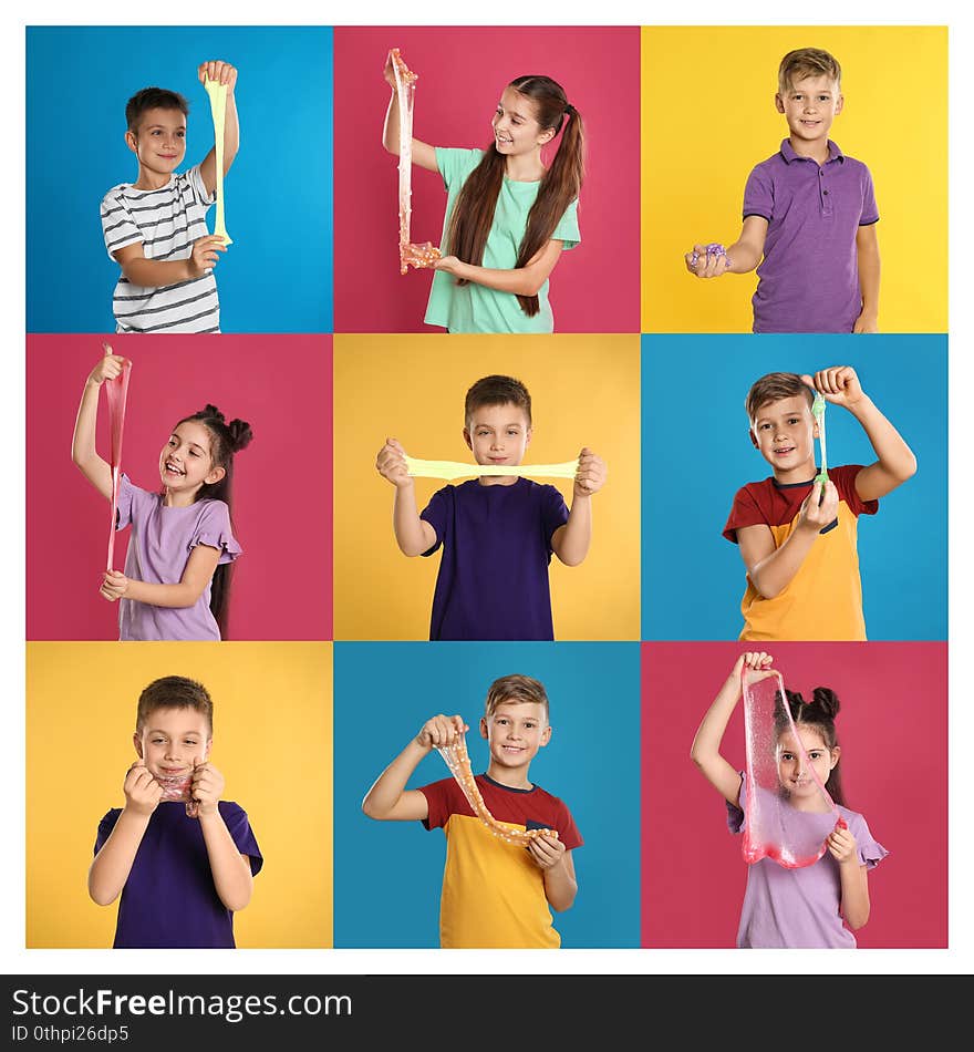 Collage of children with slimes on color backgrounds