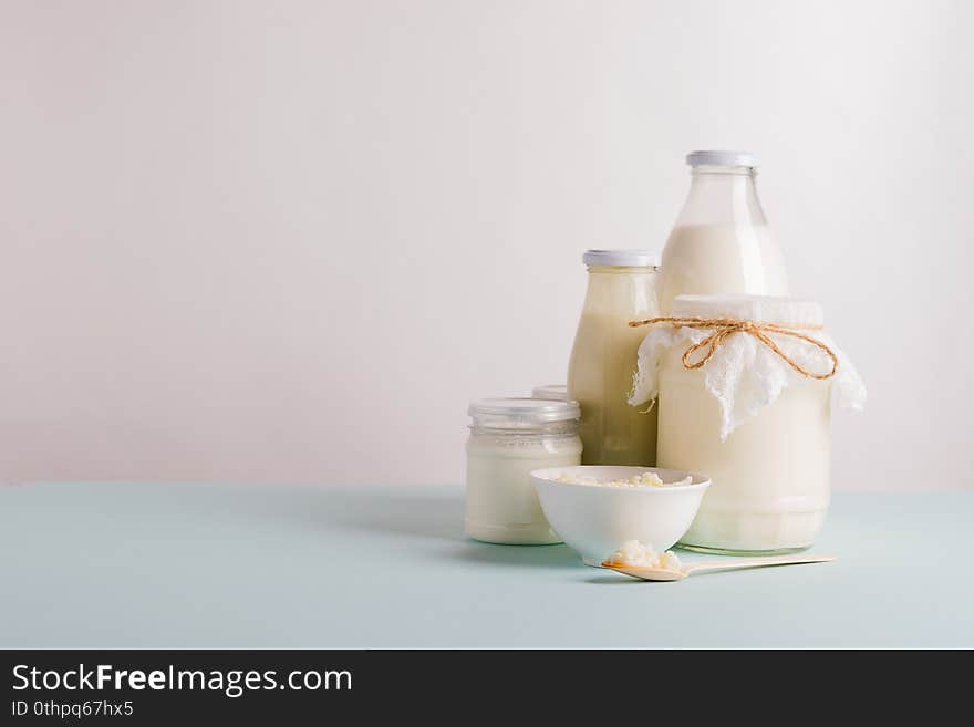 Fermented dairy products. Milk mushroom. Organic probiotic fermented milk products in glass bottles. Healthy diet food.