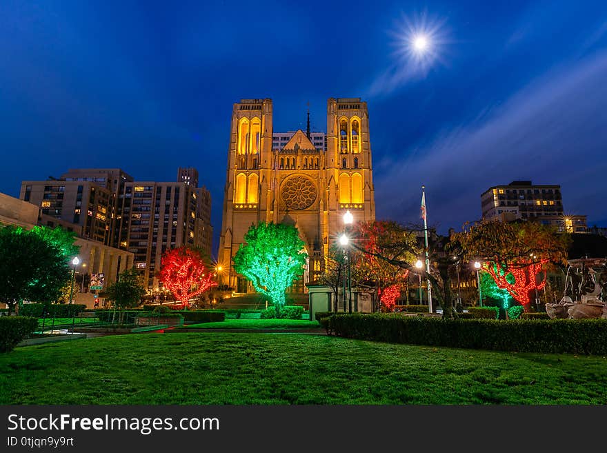 The Grace Cathedral at blue hour from Huntington Park in downtown San Francisco, Ca.