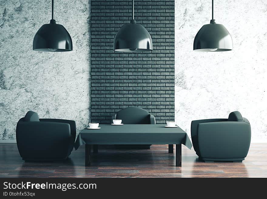 Cozy cafe intrerior with small black coffee table, two armchairs and ceiling lamps. 3D Rendering