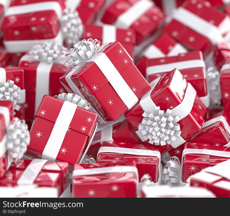 Christmas gift boxes with bows and ribbons. Festive background