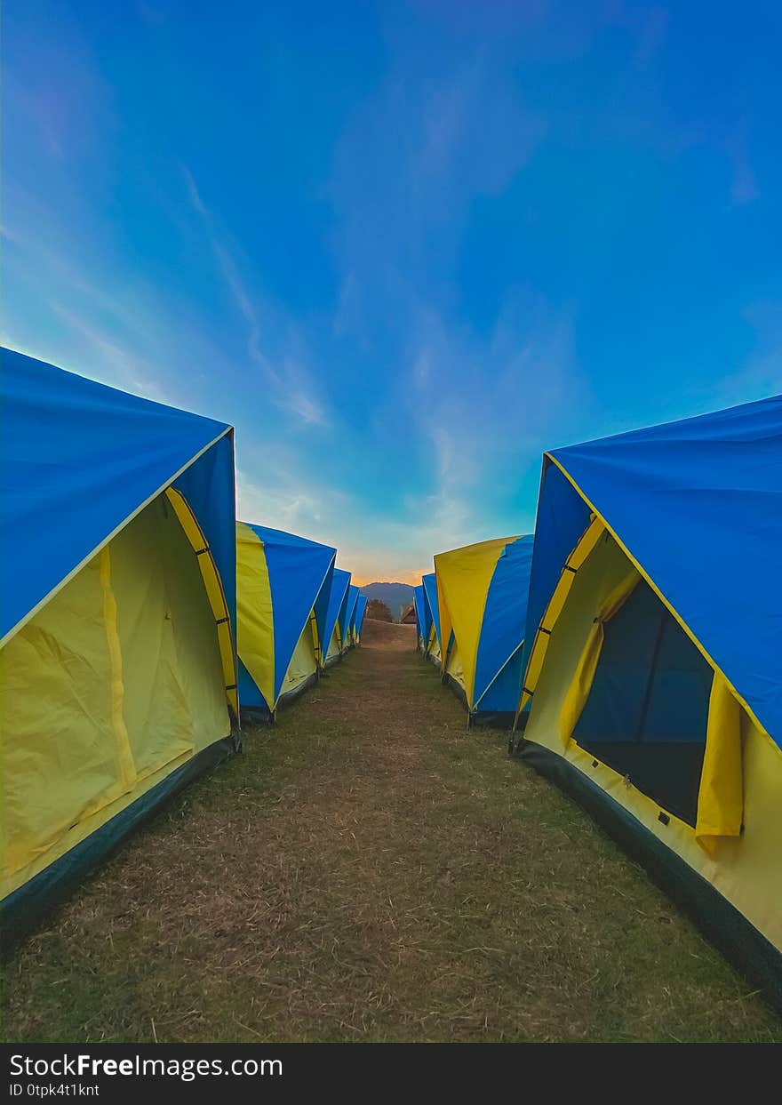 Beautiful view tourist tent on hill