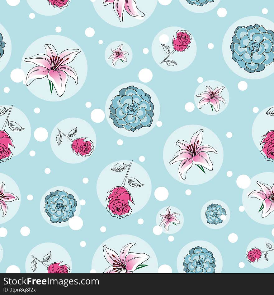 Seamless floral pattern of rose, succulent, and lily flowers in circles illustration. Seamless floral pattern of rose, succulent, and lily flowers in circles illustration