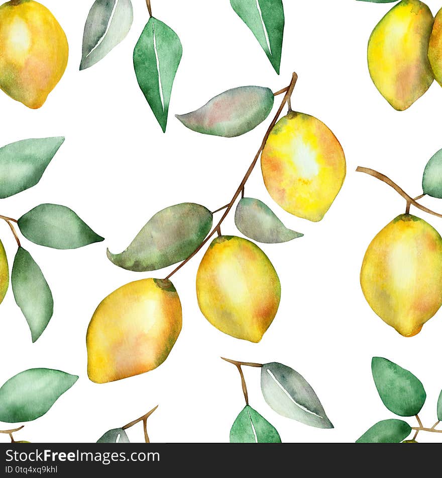 Watercolor hand painted nature seamless pattern with yellow lemons fruit on the brown branches with green leaves isolated on the white background, citrus plants trendy print for design elements