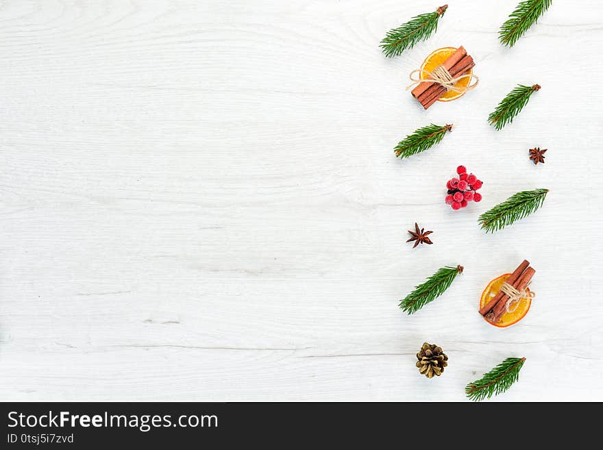 Christmas card. Gift boxes, Christmas tree and Christmas decorations on a white background.