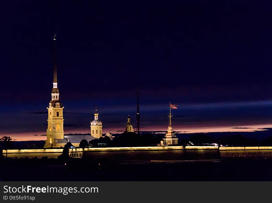 Night view of the Peter and Paul fortress in St. Petersburg, Russia