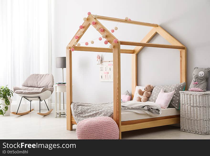 Stylish child room interior with comfortable bed. Stylish child room interior with comfortable bed