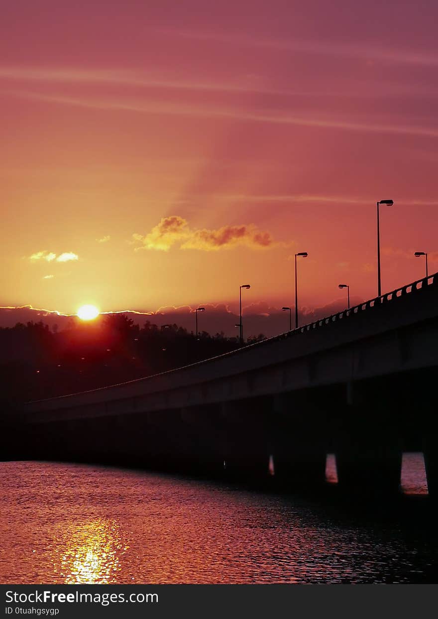Scenery of sunset with a lead line of the bridge
