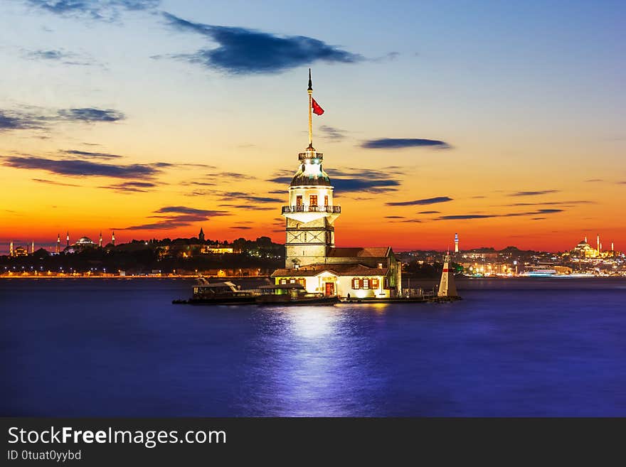 Leander`s Tower in the Bosphorus Straight, beautiful sunset colors, Istanbul, Turkey.