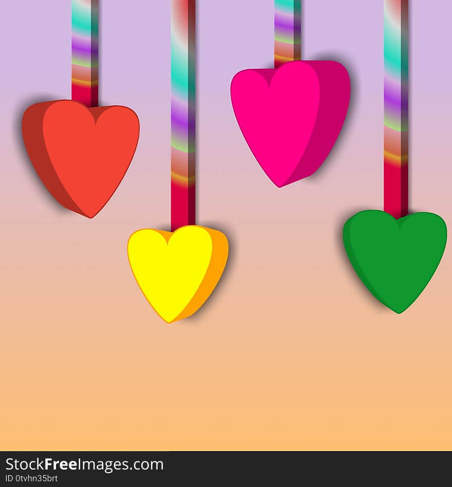 Vivid colored hearts hanging, multicolored hanger on light colors background. 3d illustration. For your love, healthy, caring concepts such as Valentine, anniversary, health, hospitality, welcoming