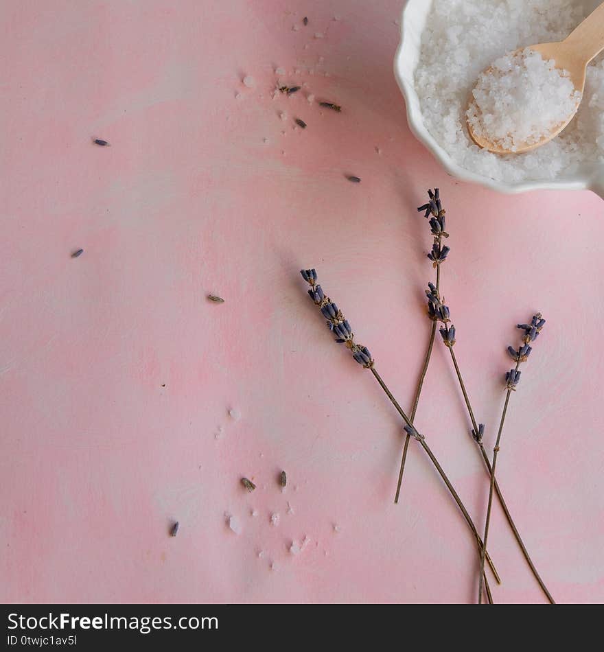 Natural wellness beauty ingredients on pink background. Health care spa therapy with sea salt and lavender