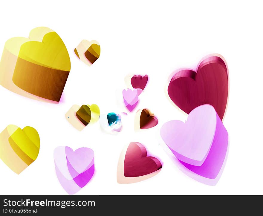 Charming vivid 3d hearts gathering on white background layout. Dice or cubes similar shapes. Candy colors of yellow, pink, purple. For your love concept, Valentine, wedding, Sweetest Day, anniversary