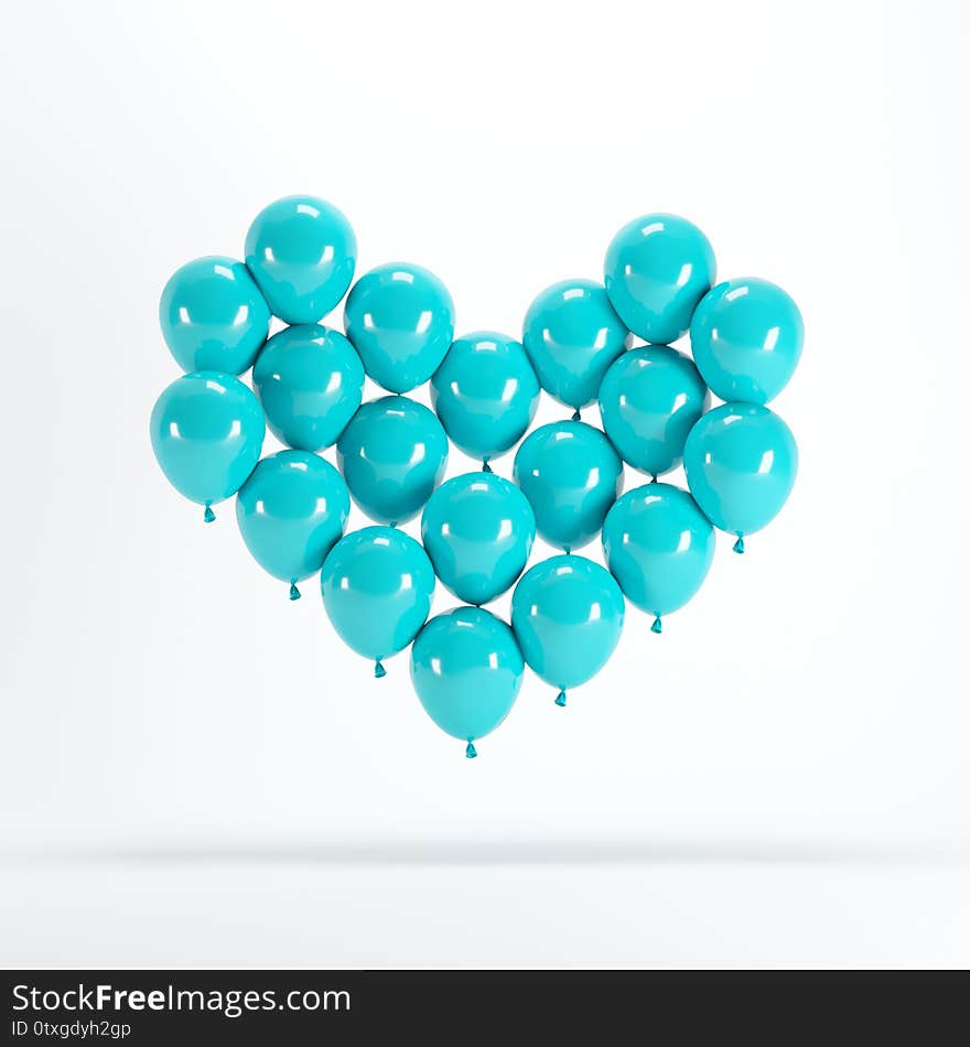 Heart shape made of blue balloon floating on white background.