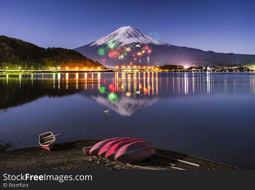 Fuji Mountain Reflection and Firework in Winter, Kawaguchiko Lake, Japan