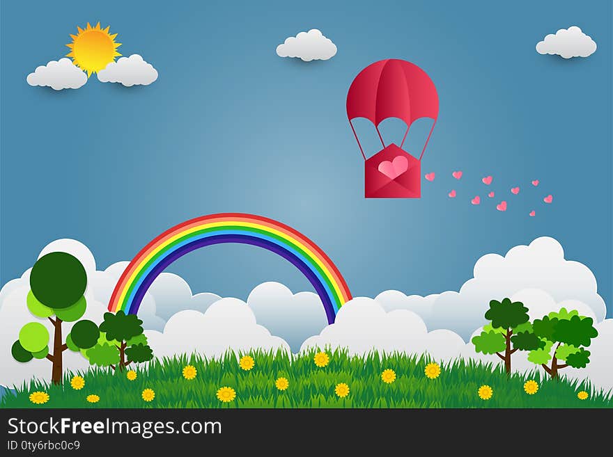 Valentine`s Day balloon heart-shaped floating in the sky and beautiful mountains cloud.paper art.vector illustration.