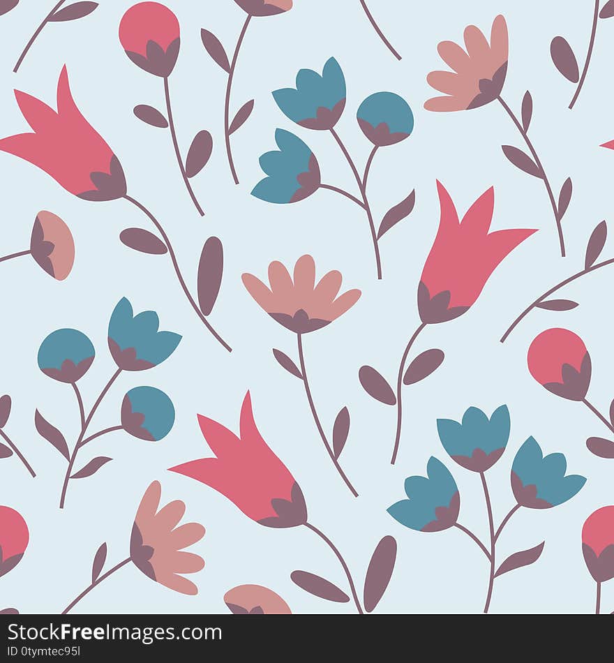 Seamless pattern with wildflowers in cool colors. Summer floral background. Vector illustration EPS10