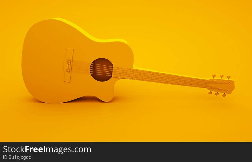 Acoustic guitar on yellow background. Minimal idea concept, 3d illustration