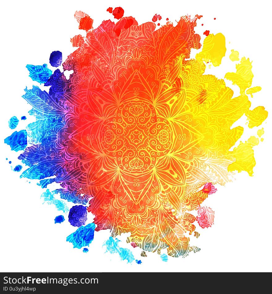 Abstract symmetry ornament, mandala on watercolor colorful rainbow  spot, floral pattern vector illustration for design, print, greeting card. Abstract symmetry ornament, mandala on watercolor colorful rainbow  spot, floral pattern vector illustration for design, print, greeting card